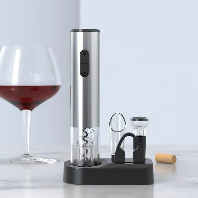 Elektrische Wijnopener Set 5-in-1 met Folie Snijder, Wijn Schenker & Vacuüm Stopper - Automatische Kurkentrekker & Display Base | Perfect Cadeau voor Wijnliefhebbers