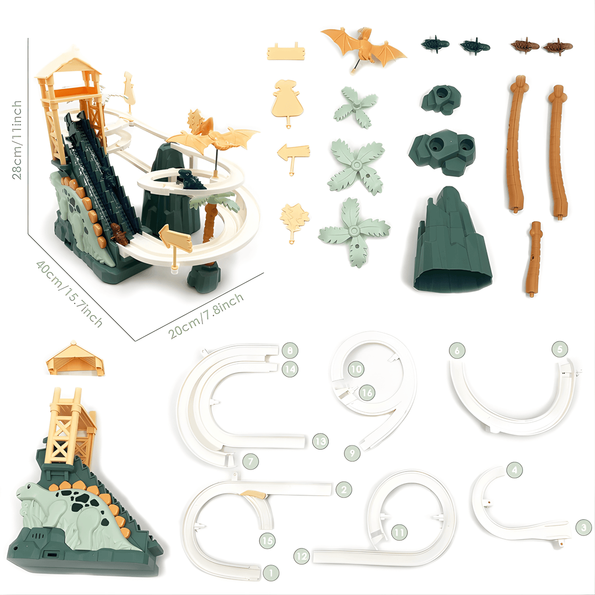 DinoTrack – Elektrisk Dubbelbanig Dinosaurie-rutschkana med Dynamiska Klättertrappor, Ljus & Musik för Barn