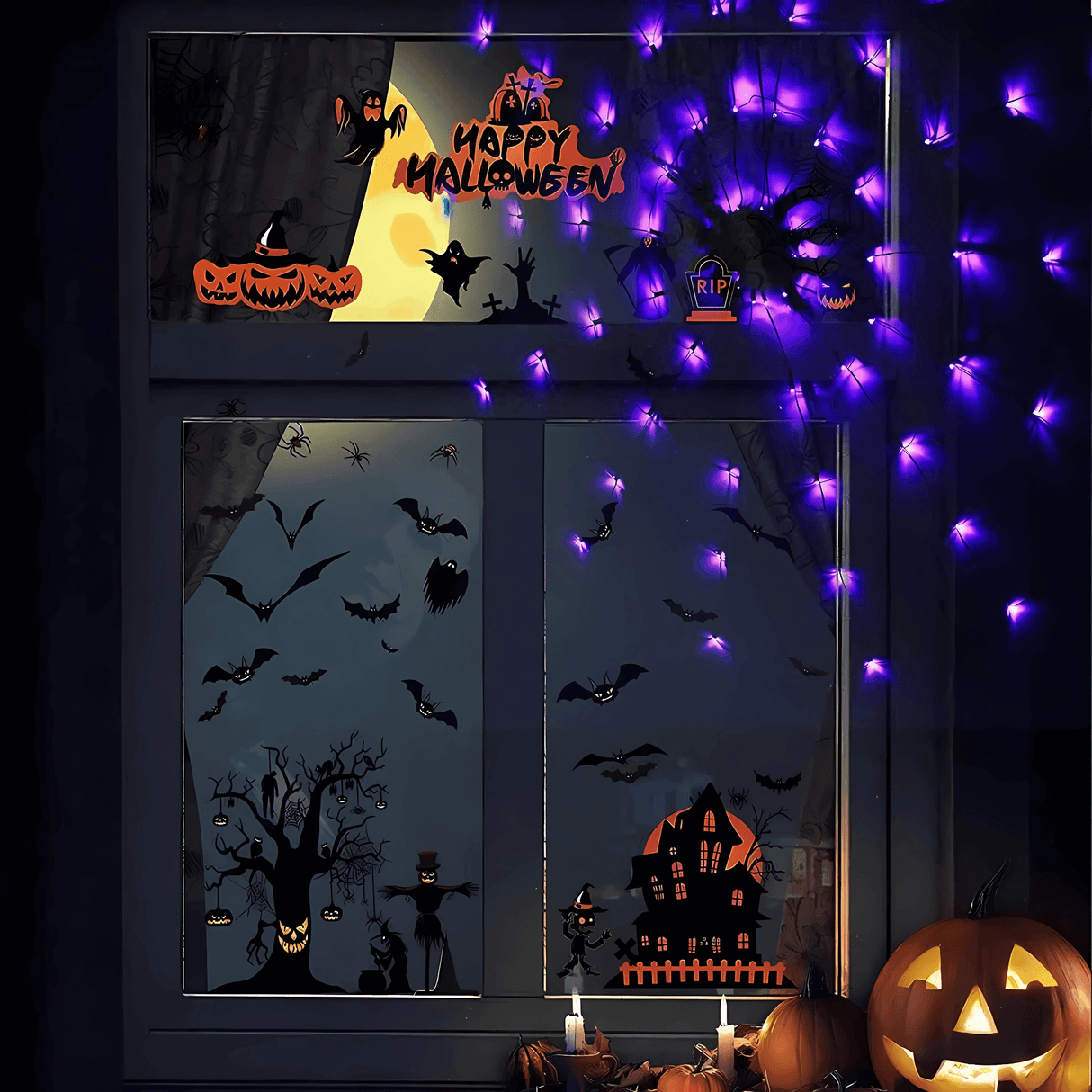 SpiderGlow – Halloween Spindelnät LED-ljusslinga med Fjärrkontroll, Spindeldekoration & 8 Ljuslägen