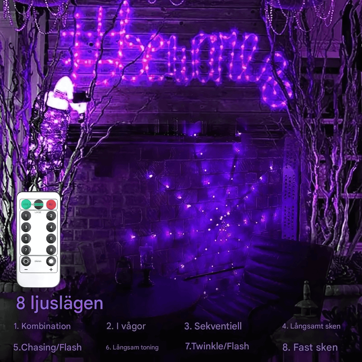 SpiderGlow – Halloween Spindelnät LED-ljusslinga med Fjärrkontroll, Spindeldekoration & 8 Ljuslägen