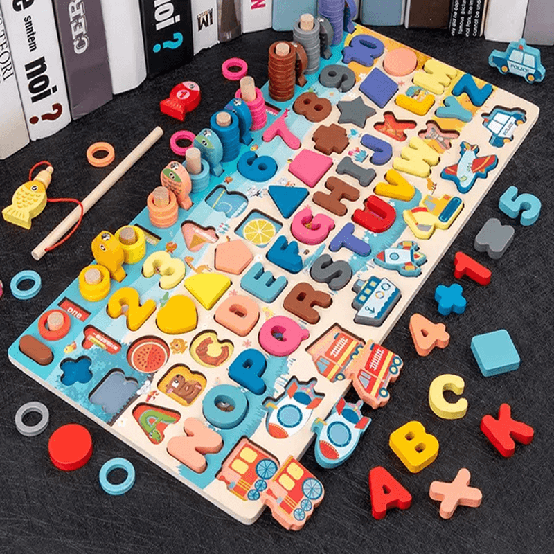 Montessori Houten Puzzels voor Kleuters | 5-in-1 Houten Educatief Speelgoed met Visspel, Sorteren & Tellen - Educatief Leerspel voor Kinderen van 2-5 jaar