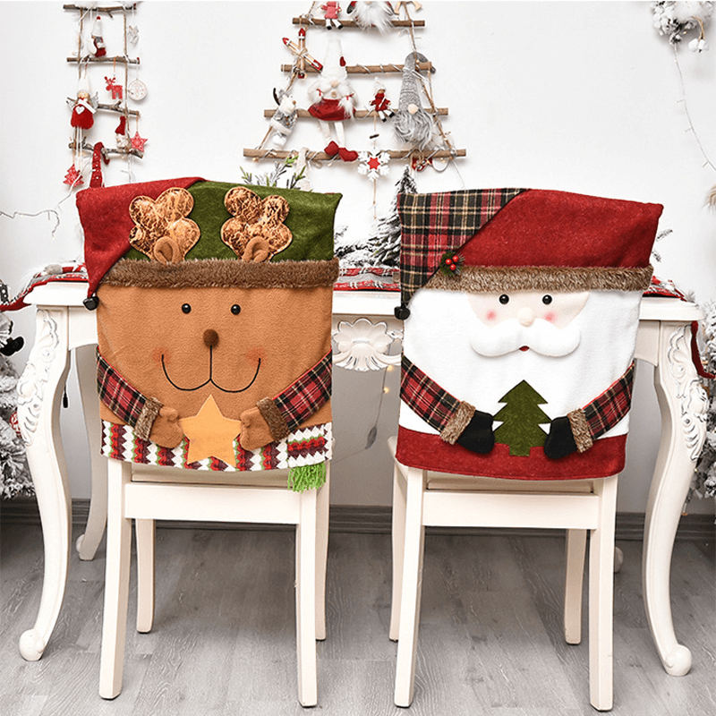 3x Kerst Decoratie Stoelhoezen voor de Rugleuning 48x54cm - Kerstman, Sneeuwman, Rendier
