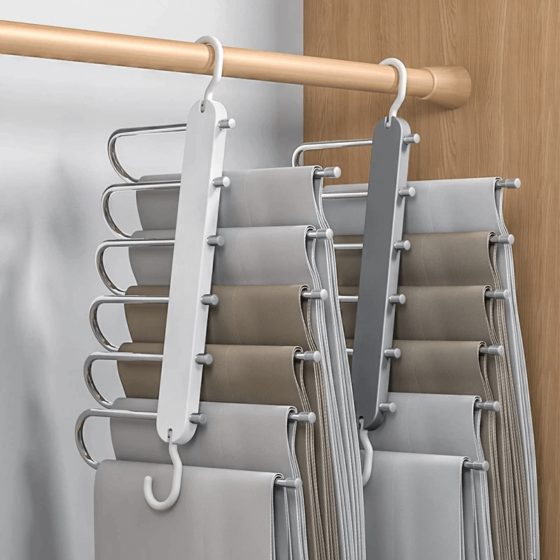 6-in-1 Roestvrij Staal Opvouwbaar Broekenrek | Multifunctionele Kleerhanger voor Garderobe & Reizen - Bespaar ruimte met verstelbare lagers