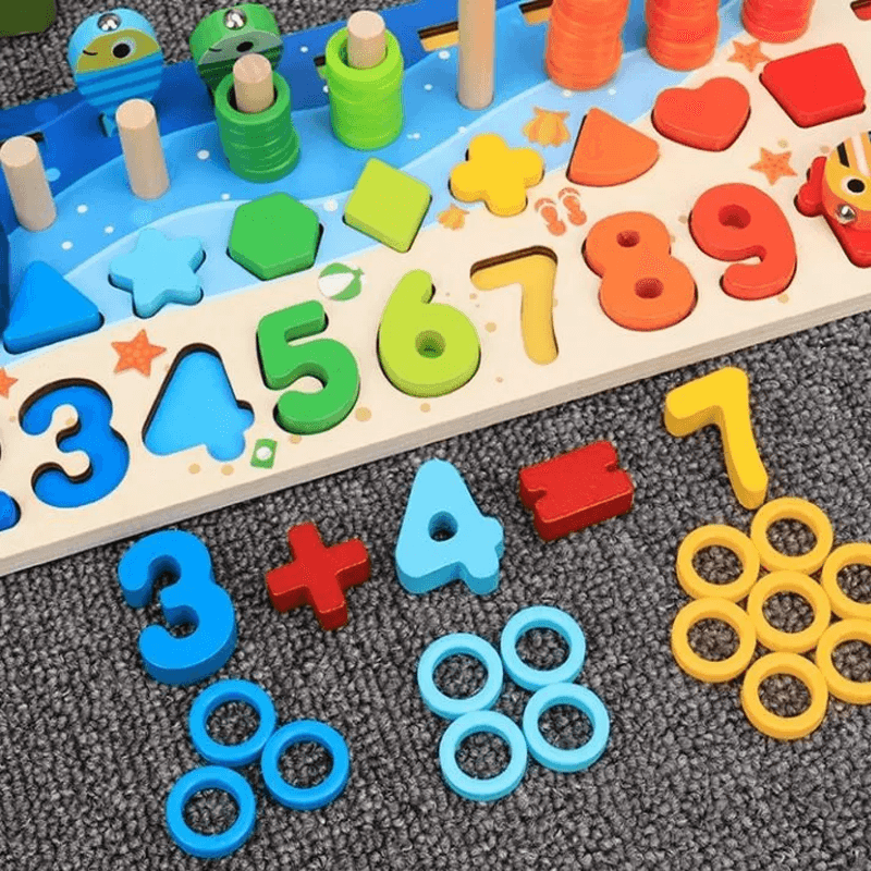 Montessori Houten Puzzels voor Kleuters | 5-in-1 Houten Educatief Speelgoed met Visspel, Sorteren & Tellen - Educatief Leerspel voor Kinderen van 2-5 jaar