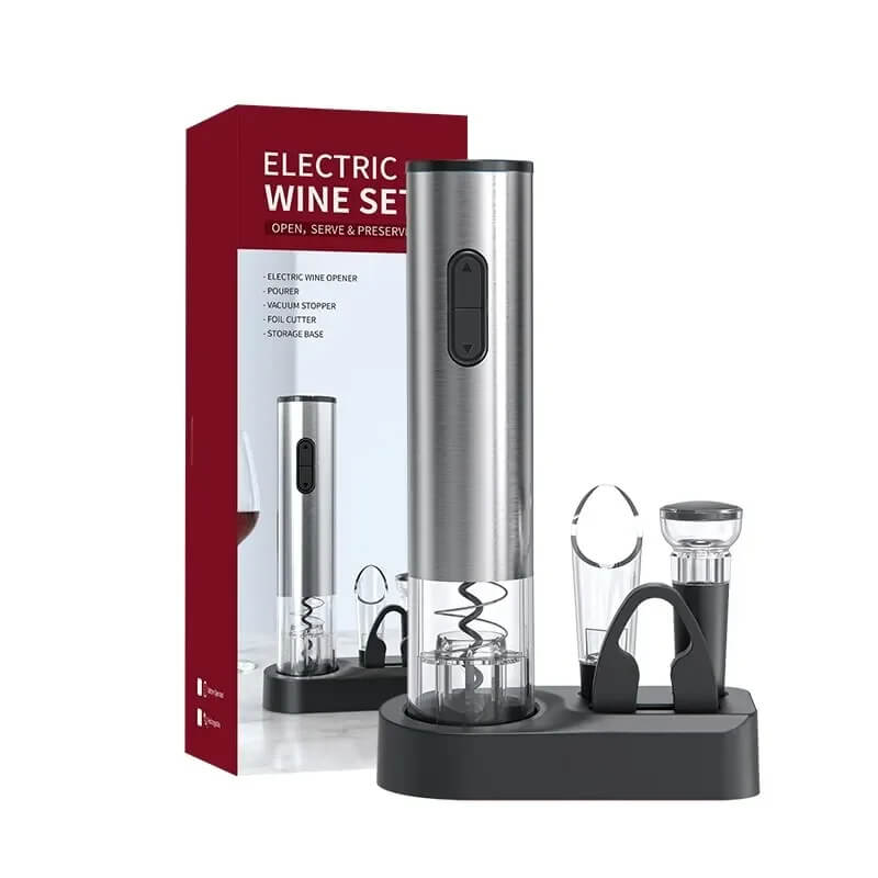 Elektrische Wijnopener Set 5-in-1 met Folie Snijder, Wijn Schenker & Vacuüm Stopper - Automatische Kurkentrekker & Display Base | Perfect Cadeau voor Wijnliefhebbers