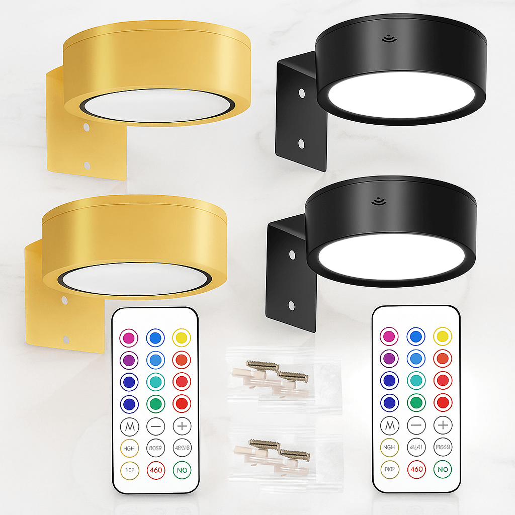 LINA – 2-pack LED Vägglampor i Svart & Guld med 13 Färglägen, Magnetfäste & Fjärrkontroll
