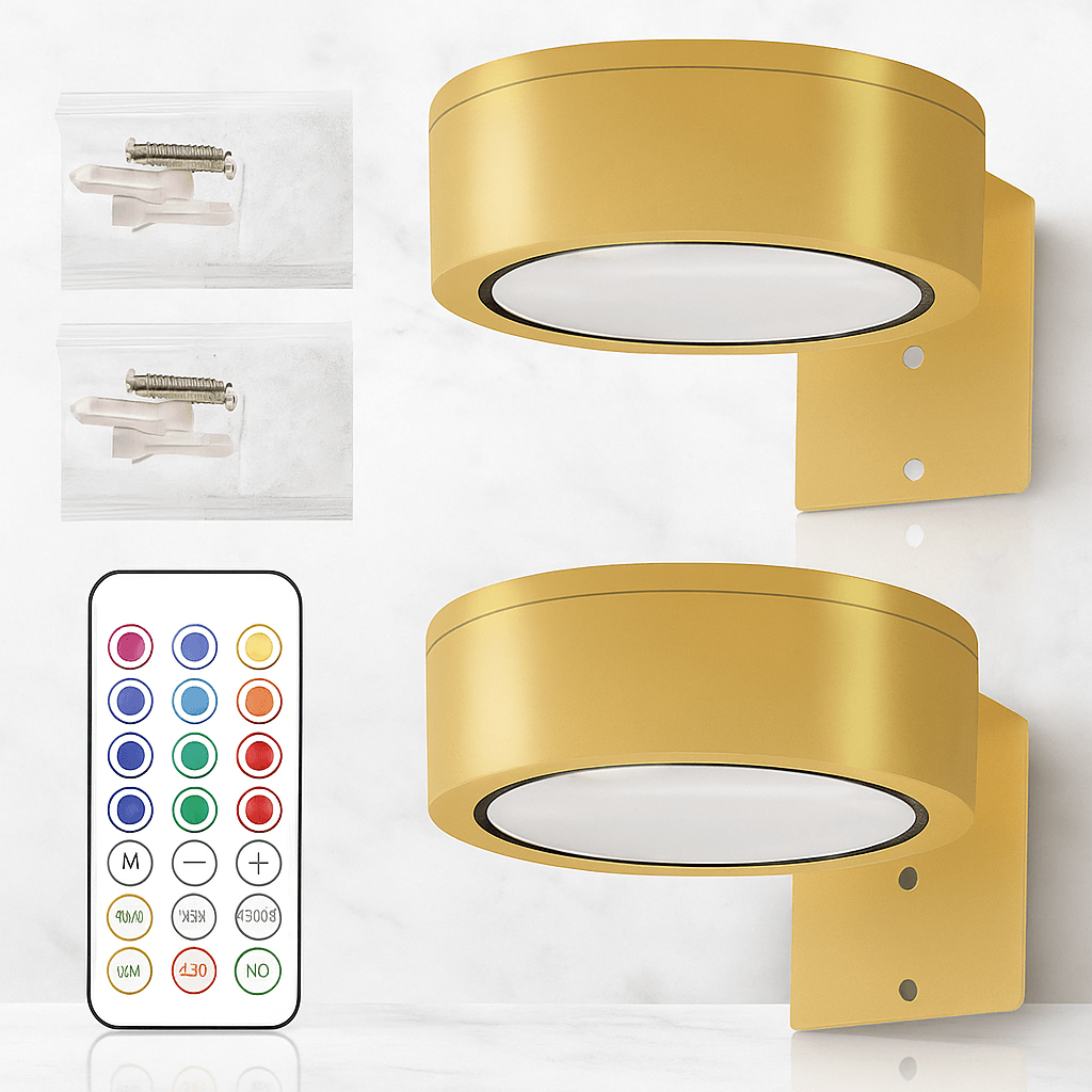 LINA – 2-pack LED Vägglampor i Svart & Guld med 13 Färglägen, Magnetfäste & Fjärrkontroll