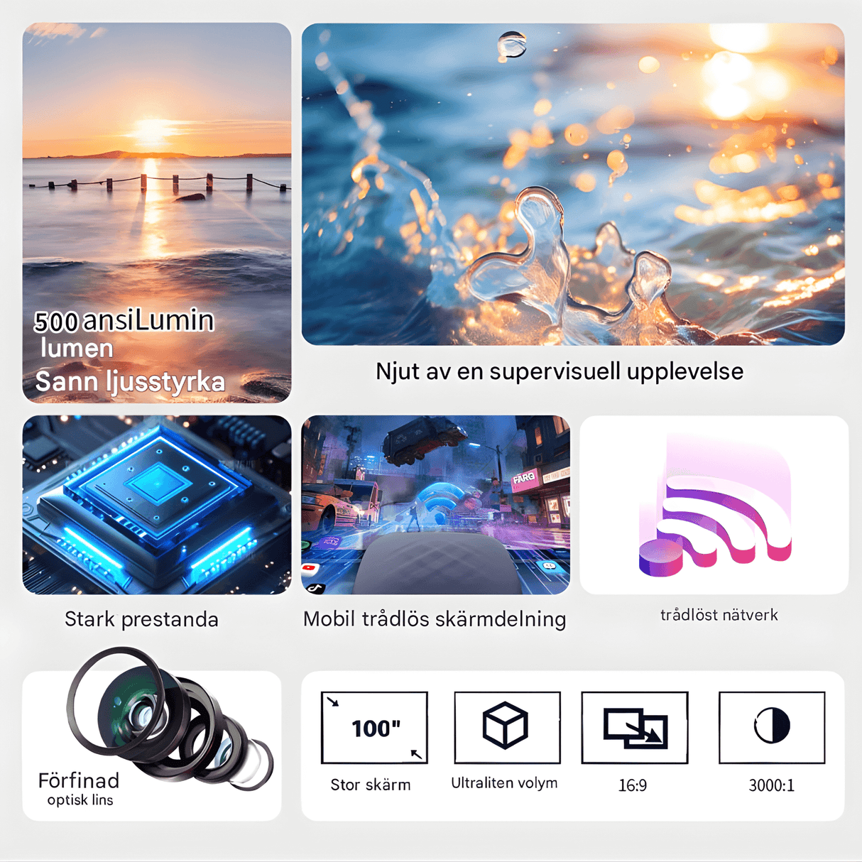 MiniBeam – Trådlös Mini Projektor med Skärm Delning, 500 ANSI Lumen och 16:9 Stöd för Hem, Kontor och Resa