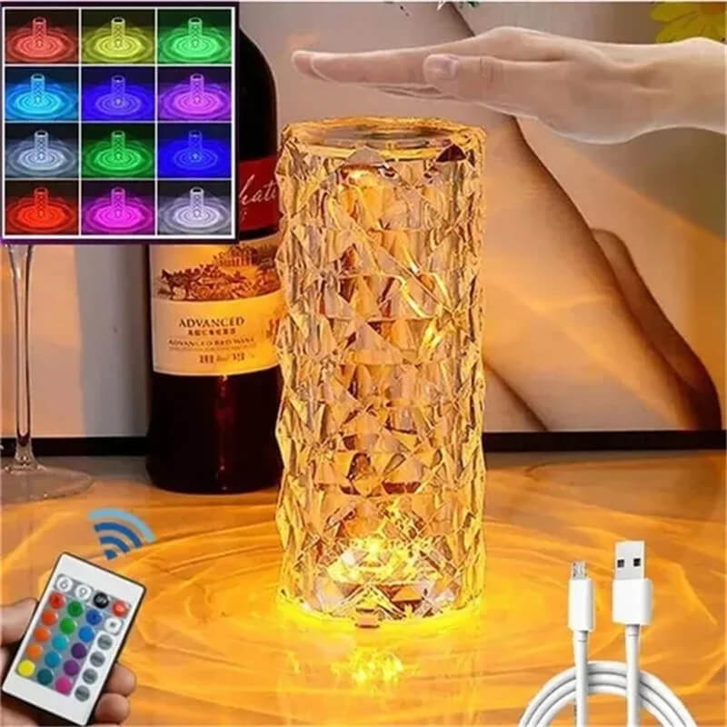 Kristallen Lamp met 16 Kleuren & Diamanten Roos LED Licht - Aanraken & Afstandsbediening USB Oplaadbaar, Romantische Sfeer voor Thuis