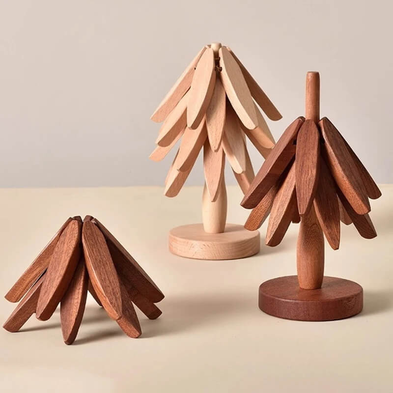 Onderzetters van walnoothout - Stijlvol en praktisch, houten kunst voor op tafel, set van 3 houten onderzetters, creatieve opvouwbare onderzetter voor potten