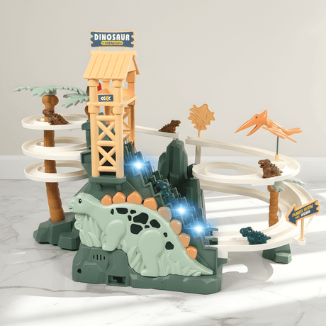 DinoTrack – Elektrisk Dubbelbanig Dinosaurie-rutschkana med Dynamiska Klättertrappor, Ljus & Musik för Barn
