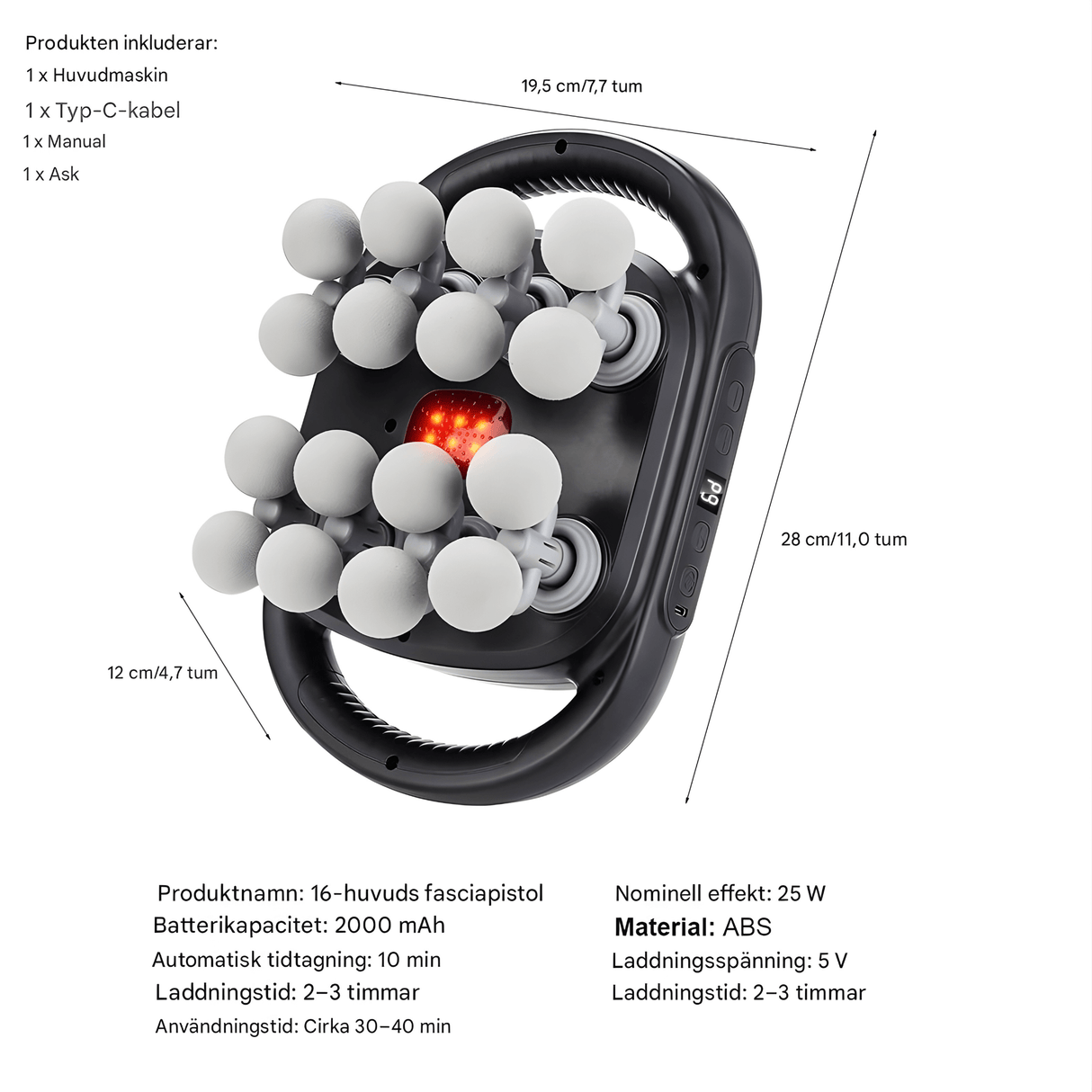 PulseRelief – 16-Huvuds Massagepistol med 9 Lägen & 20 Intensitetsnivåer för Hela Kroppen