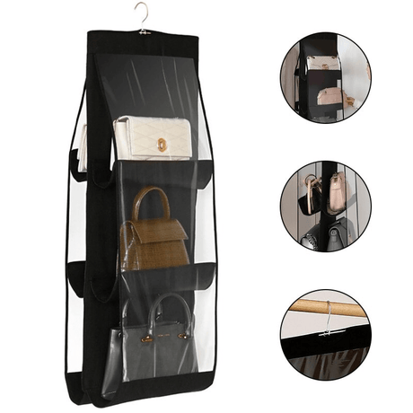 Zwarte Hangende Garderobe Organiser met 6 Zakken | Dubbelzijdige Opbergoplossing voor Tassen, Schoenen & Kleding