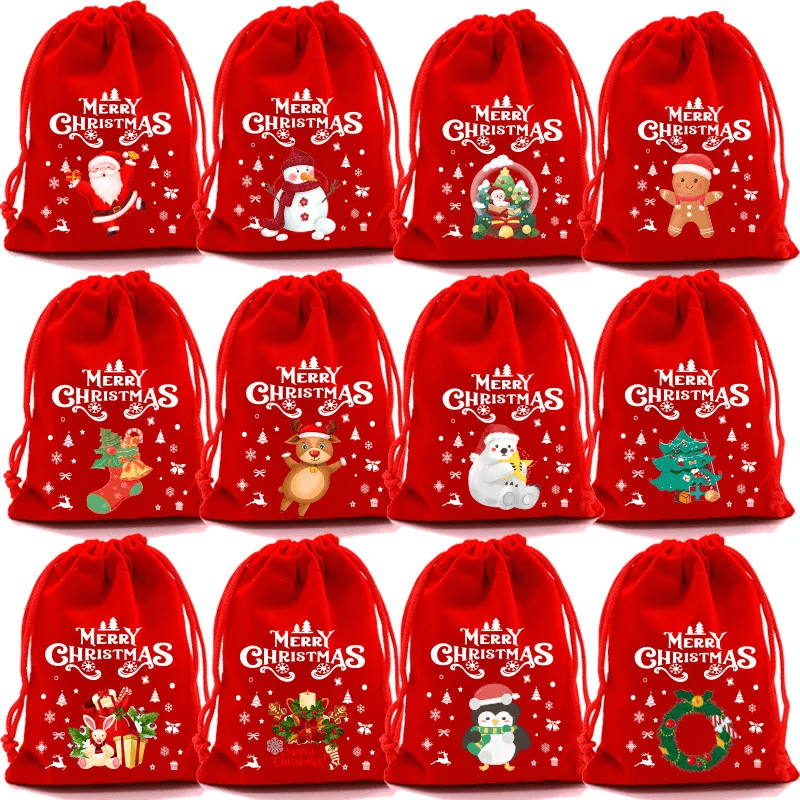 12st Kerstmis Geschenkzakjes in stof 9x12cm - Kerstboom, Kerstman, Eland Vrolijk Kerstfeest