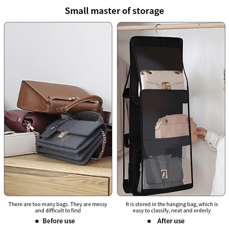 Zwarte Hangende Garderobe Organiser met 6 Zakken | Dubbelzijdige Opbergoplossing voor Tassen, Schoenen & Kleding