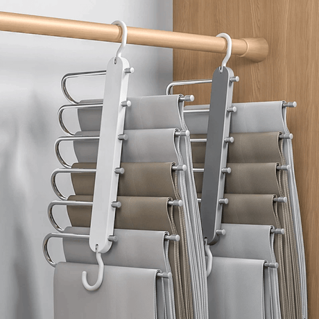 6-in-1 Roestvrij Staal Opvouwbaar Broekenrek | Multifunctionele Kleerhanger voor Garderobe & Reizen - Bespaar ruimte met verstelbare lagers
