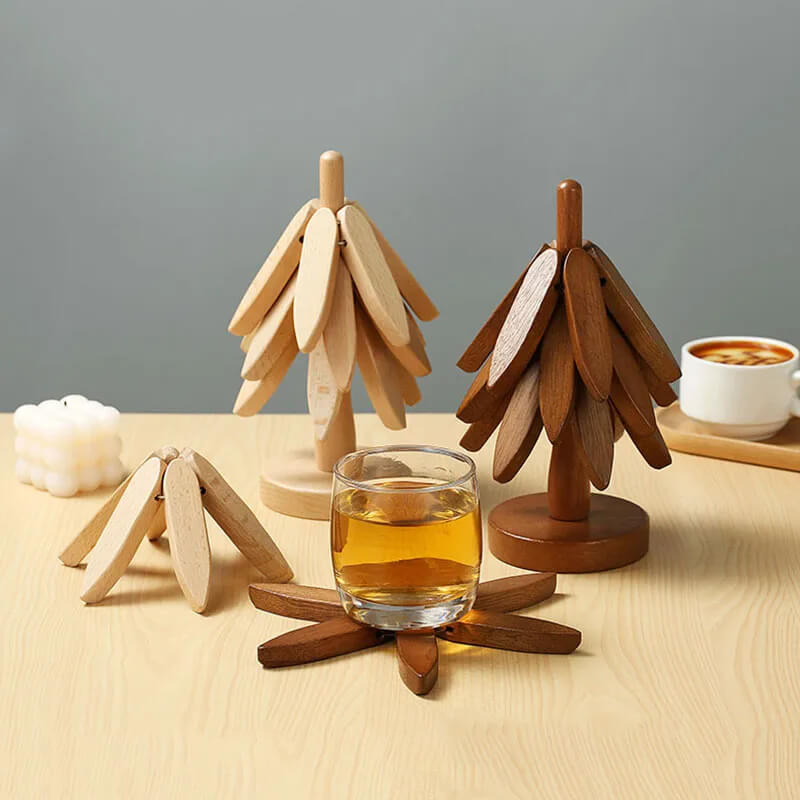 Onderzetters van walnoothout - Stijlvol en praktisch, houten kunst voor op tafel, set van 3 houten onderzetters, creatieve opvouwbare onderzetter voor potten