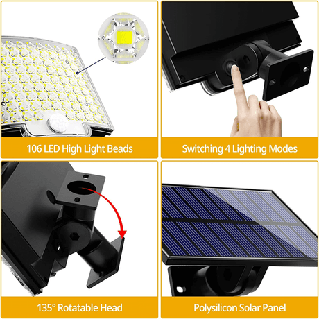 LED schijnwerper op zonne-energie met bewegingssensor 106 LED, 3000LM, 180° verlichting, 4 standen, IP65 waterdichte buitenlamp met afzonderlijk zonnepaneel