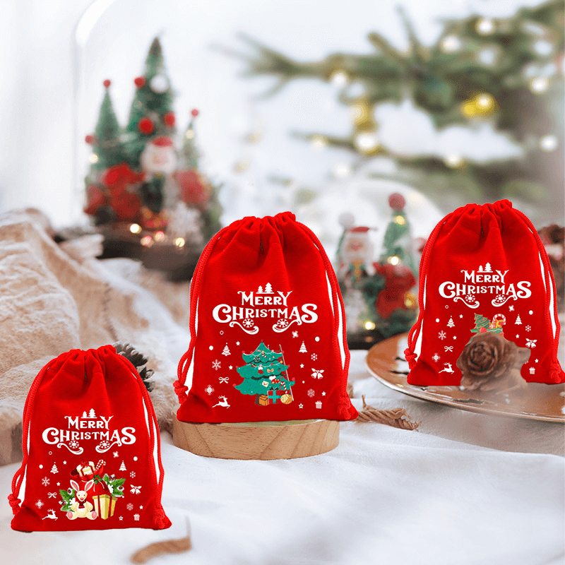 12st Kerstmis Geschenkzakjes in stof 9x12cm - Kerstboom, Kerstman, Eland Vrolijk Kerstfeest