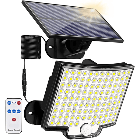 LED schijnwerper op zonne-energie met bewegingssensor 106 LED, 3000LM, 180° verlichting, 4 standen, IP65 waterdichte buitenlamp met afzonderlijk zonnepaneel