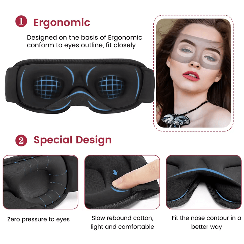 Draagbaar 3D-slaapmasker - Lichtblokkering, zachte gewatteerde oogbescherming voor optimaal comfort