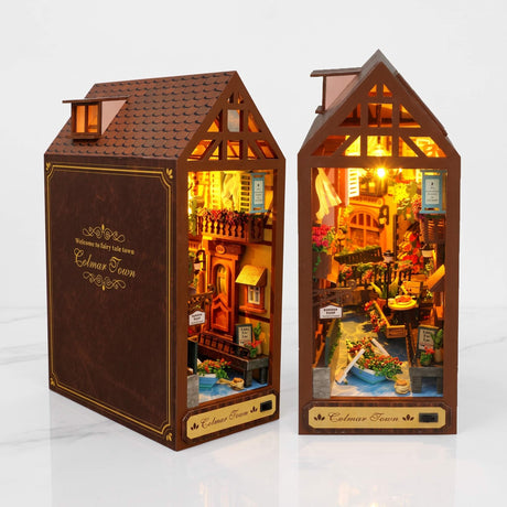 NookCraft – Houten DIY Book Nook Bouwpakket – Miniatuur Boekenkast Inzet met Poppenhuis en LED-verlichting