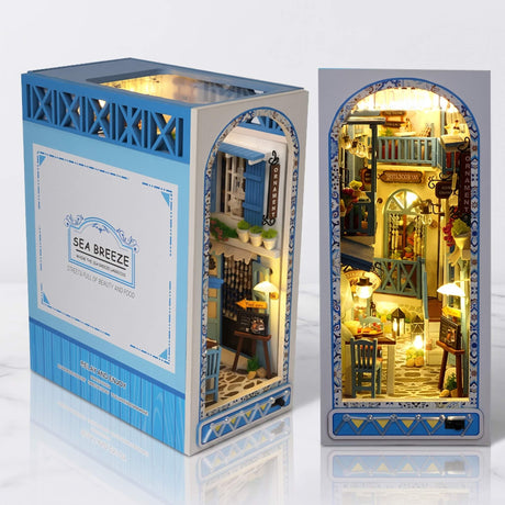 NookCraft – Houten DIY Book Nook Bouwpakket – Miniatuur Boekenkast Inzet met Poppenhuis en LED-verlichting