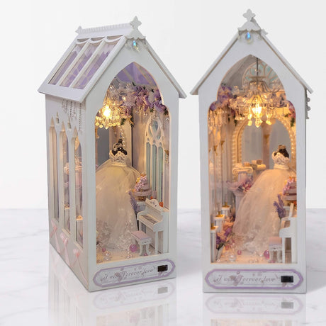 NookCraft – Houten DIY Book Nook Bouwpakket – Miniatuur Boekenkast Inzet met Poppenhuis en LED-verlichting