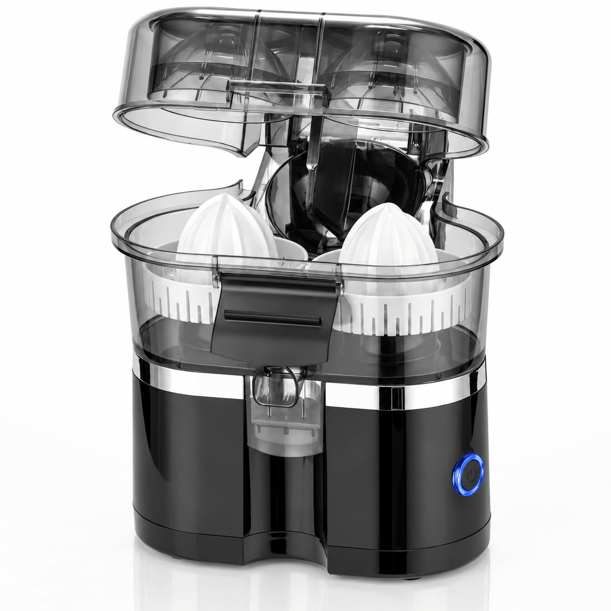 JuiceDuo – Elektrisk Apelsinpress med Dubbla Huvuden – Citruspress för Apelsin, Citron och Grapefrukt med 2 Hastigheter