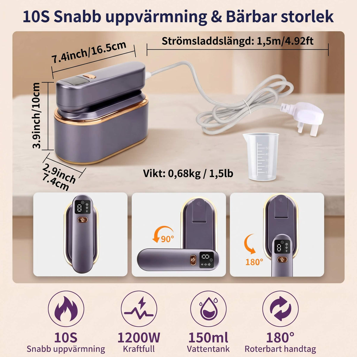 SteamFold – Handhållet Ångstrykjärn 1200W med Vikbart Handtag – Portabelt Resestrykjärn med Våt och Torr Strykning, LED-display och Väggfäste