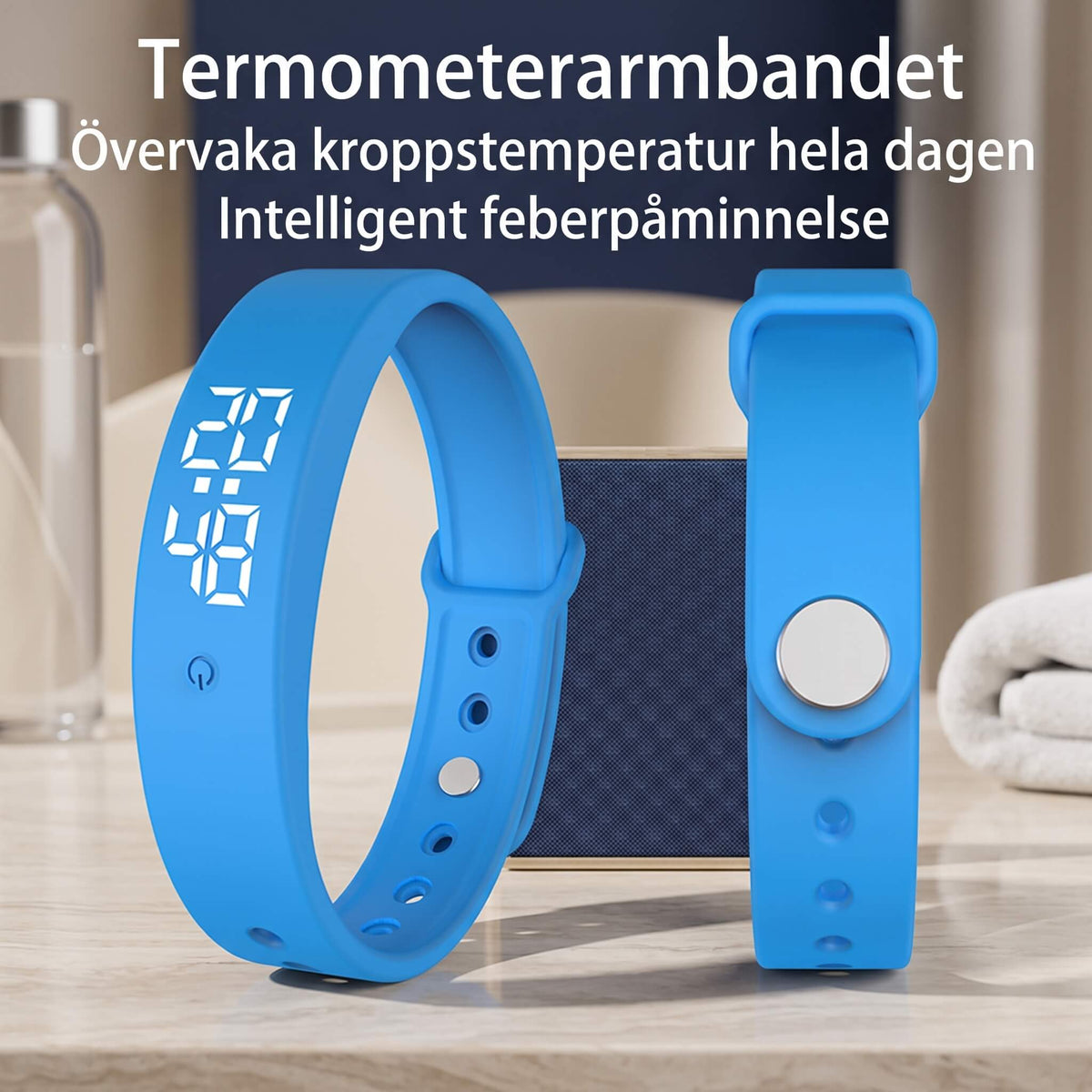 TempWave – Smart Armband med Temperaturmätare och Feberlarm – Vattentät Klocka med Vibrationslarm, Timer och Kalender