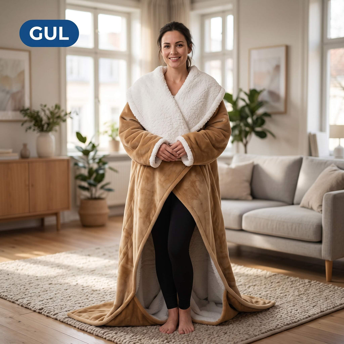 WarmCloak – Bärbar Eluppvärmd Filt med Huva och Fotfickor – Tvättbar Värmefilt med Timer och 9 Temperaturlägen