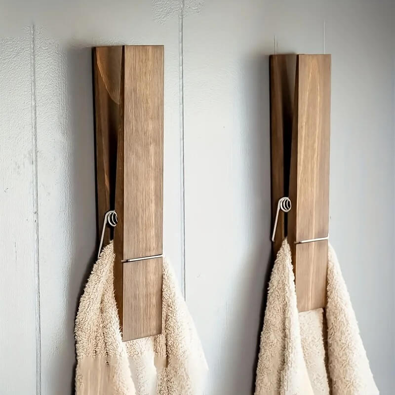 RustiClip - Wandgemonteerde Grote Houten Wasknijper | Rustieke Handdoekhouder in Decoratief Ontwerp
