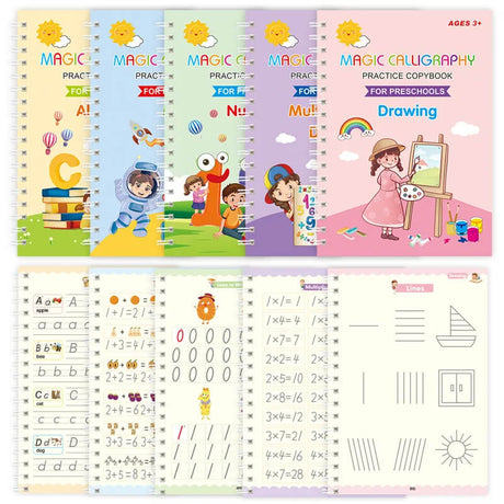 4-Pack Oefenboeken voor kinderen - Handschrift Oefenen met 3D kalligrafie, herbruikbare stickers en wiskunde oefening