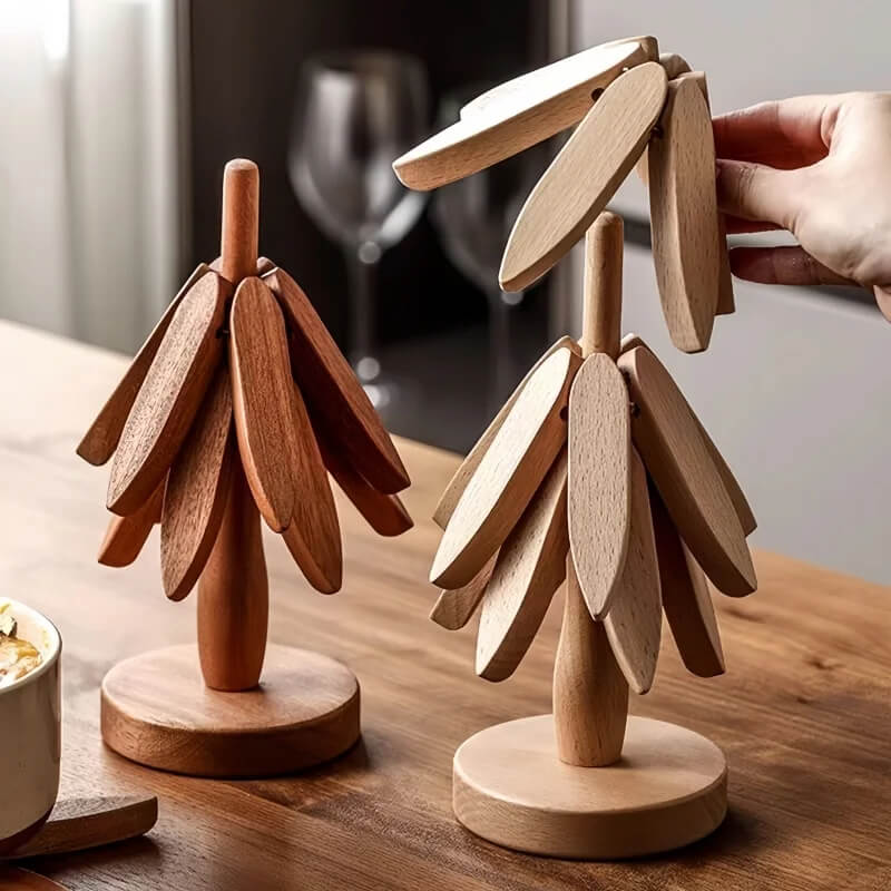 Onderzetters van walnoothout - Stijlvol en praktisch, houten kunst voor op tafel, set van 3 houten onderzetters, creatieve opvouwbare onderzetter voor potten