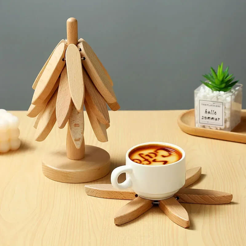 Onderzetters van walnoothout - Stijlvol en praktisch, houten kunst voor op tafel, set van 3 houten onderzetters, creatieve opvouwbare onderzetter voor potten