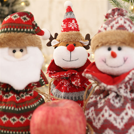 4x Gebreide kerstcadeauzakjes 3D poppen, Kerstman, Sneeuwpop, Eland, Hond